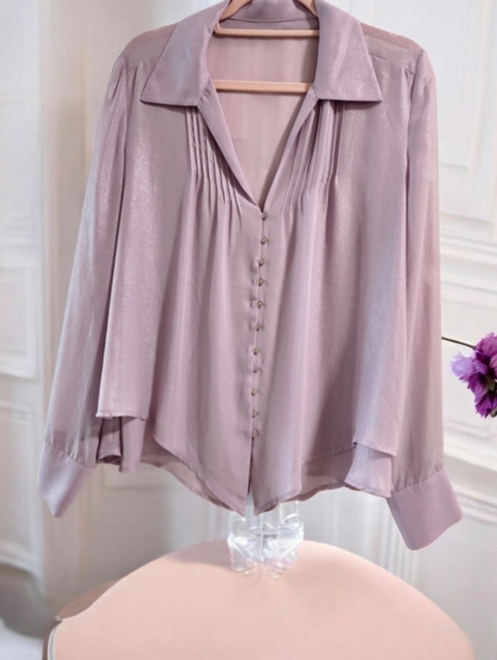 VTG Bebe Lilac Iridescent Sheer Button Down Pleated Top